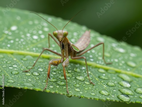 A praying mantis stands alert on a vibrant green leaf adorned with morning dew drops