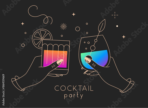 Line art hands with cocktails and firework. Cocktail party. Celebration toast with two cocktail glasses. Vector illustration