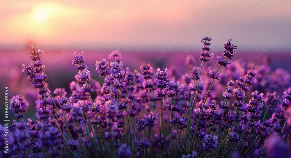 Naklejka premium Lavender field with vibrant purple flowers at sunset creating a calm natural landscape background with soft light and shallow depth, ideal for nature design, wellness branding, seasonal backgrounds