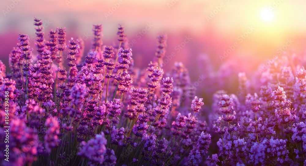 Fototapeta premium Lavender field with purple flowers glowing in warm sunset light and soft focus, ideal for wellness branding, relaxation design, mindfulness visuals, and seasonal nature backgrounds