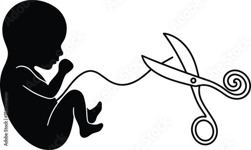 Black Silhouette of a Fetus with Umbilical Cord Being Cut by Scissors Representing Birth Newborn Health Medical Care and Independence