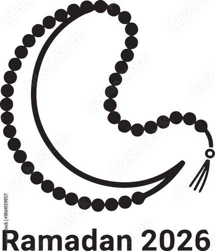 Ramadan 2026 Crescent Moon with Tasbih, Islamic Minimal Vector Design