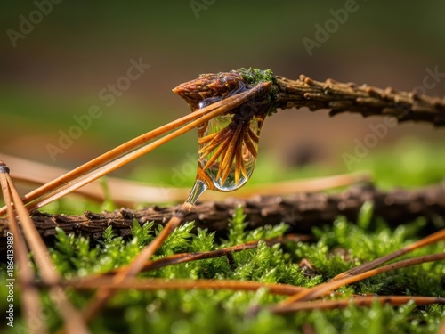A glistening water droplet captures the essence of a pine forest in miniature detail