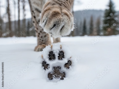 A majestic lynx's furry paw steps into the fresh, deep snow, leaving a clear track