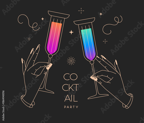 Line art hands with cocktails and firework. Cocktail party. Celebration toast with two cocktail glasses. Vector illustration