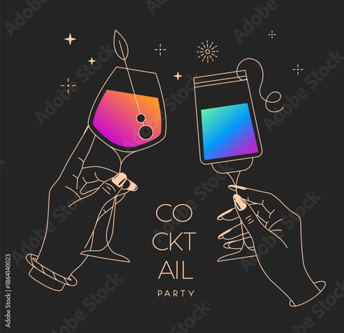 Line art hands with cocktails and firework. Cocktail party. Celebration toast with two cocktail glasses. Vector illustration