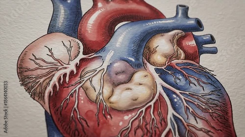 Watercolor illustration of a human heart anatomy with arteries and veins.