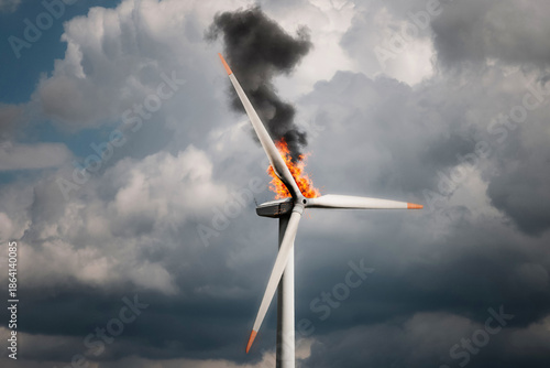 A wind turbine generating electricity, with fire and smoke in front of dark storm clouds.