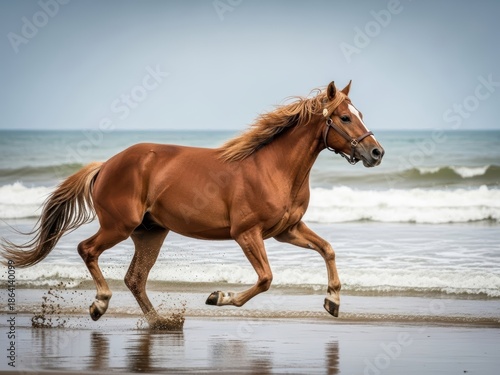 Graceful brown horse galloping with power along the sandy shoreline of the ocean