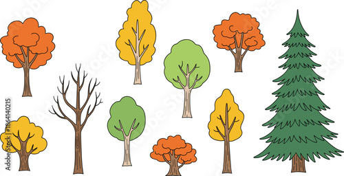 Autumn and Evergreen Tree Collection with Colorful Seasonal Forest Elements Flat Vector Illustration for Nature, 
Landscape, and Eco Design Projects
