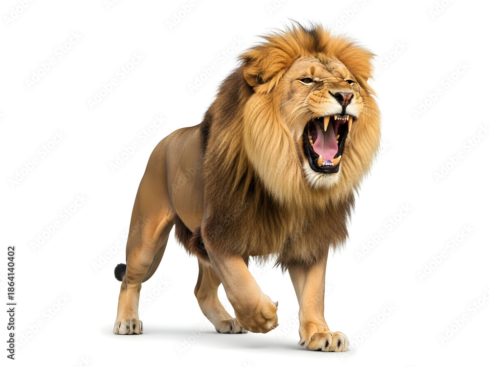 Obraz premium Majestic Male Lion Walking, Isolated on White Background. Powerful African Big Cat, Front View Portrait for Wildlife, Strength, and Leadership Concepts.