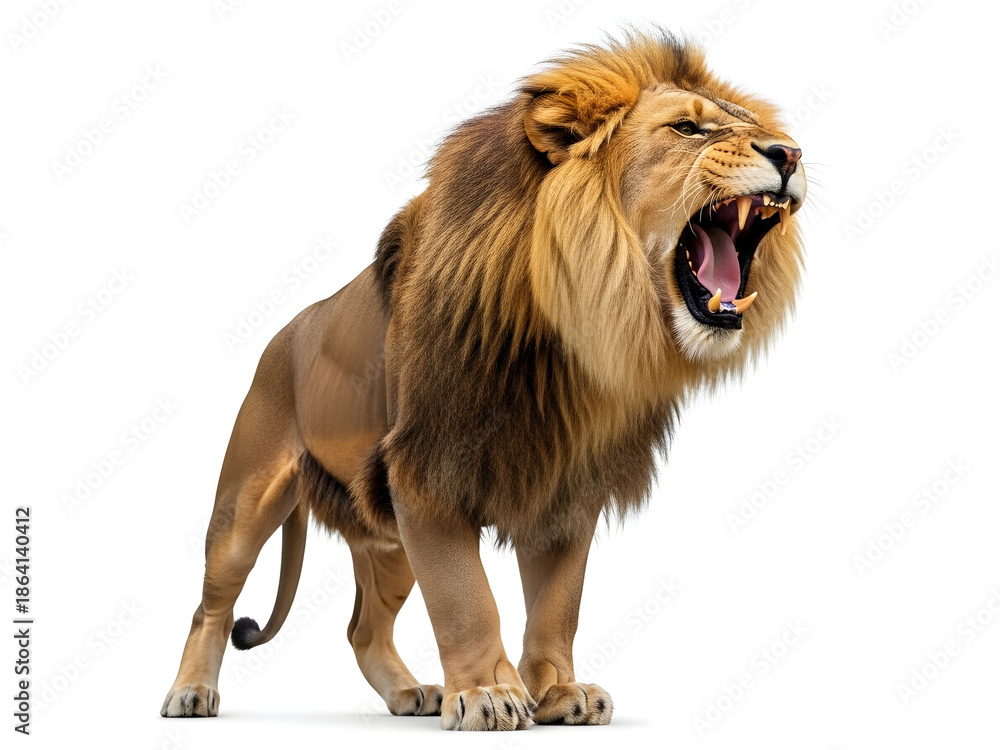 Obraz premium Majestic Male Lion Walking, Isolated on White Background. Powerful African Big Cat, Front View Portrait for Wildlife, Strength, and Leadership Concepts.