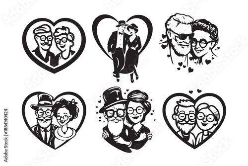 Vector set of cute elderly couple icons in heart frames. Black and white silhouettes of senior lovers for Valentines Day and wedding anniversaries.