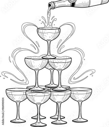 Champagne Glass Tower with Pouring Bottle Line Art Illustration for Celebration, Wedding Toasts,
 Luxury Events, and Party Design Concepts