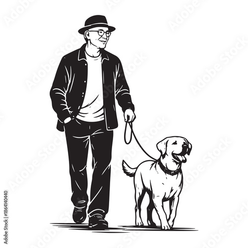 Black and white vector silhouette illustration of a senior man in a hat walking his dog on a leash. A peaceful scene of elderly active lifestyle and friendship.