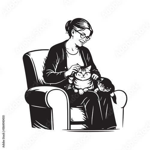 Black and white vector silhouette illustration of an elderly woman sitting in an armchair petting her cats. Cozy scene of a senior lady with feline companions.
