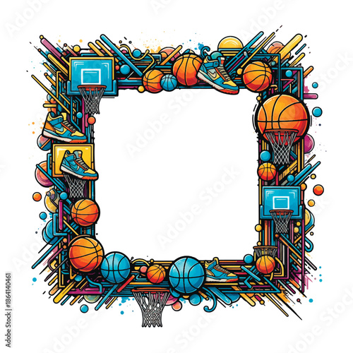 Colorful basketball graffiti frame with balls, hoops, and sneakers. Vibrant urban street art border with spray paint splatters and square copy space on a white background.