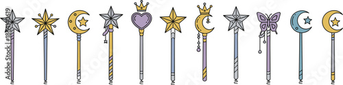 Magic wand illustration set vector, colorful fairy tale star moon crown symbols, fantasy spell accessories collection, whimsical decorative design, isolated flat graphic elements