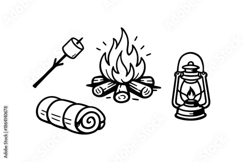Camping essentials: campfire, lantern, sleeping bag, and marshmallow sticks in simple line art