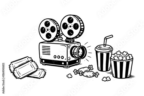Retro cinema experience: vintage film projector with snacks and tickets