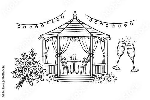 Elegant hand drawn wedding gazebo with lights and flowers