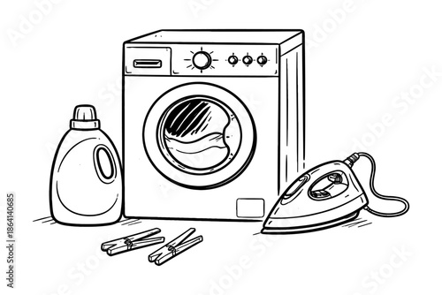 Hand drawn home appliances: washing machine, iron, and detergent bottle in black and white