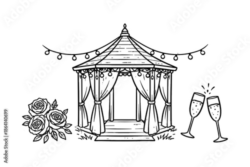 Elegant gazebo with string lights and roses for wedding celebrations