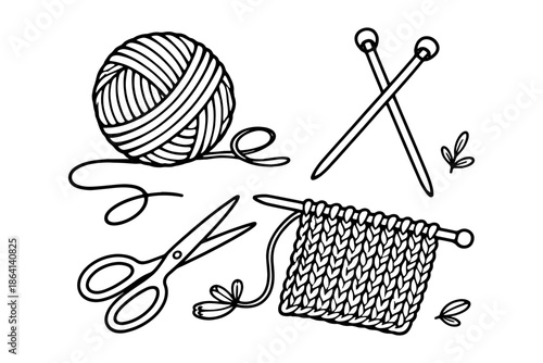 Handcrafted knitting tools and yarn ball illustration in black and white