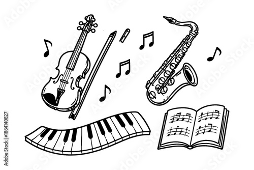 Musical instruments and notes in black and white linear design