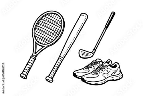 Hand drawn sports equipment collection featuring racket, bat, golf club, and sneakers