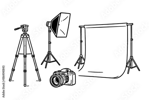 Photography studio setup with tripod, lighting, and backdrop in line art style