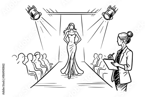 Chic fashion show runway scene with elegant model and designer sketch