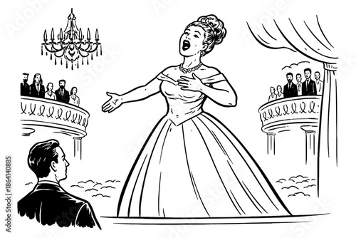 Elegant opera singer performing on stage in a classic theater setting