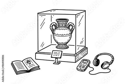 Ancient vase in museum display case with audio tour and guidebook in linear style