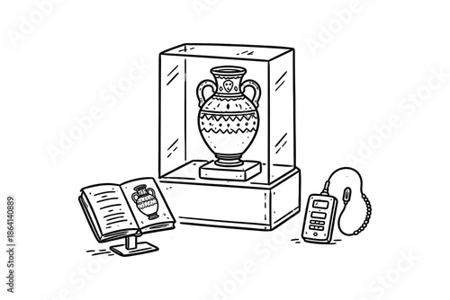 Ancient greek vase exhibit with open book and audio guide in a museum display