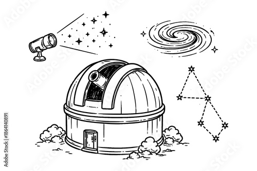 Night sky observatory: telescope, constellation, and galaxy doodle set