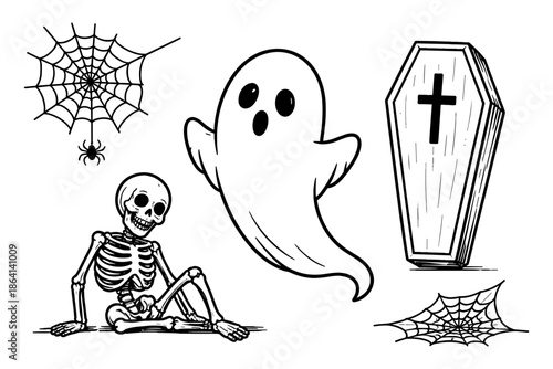 Hand drawn halloween elements: ghost, skeleton, coffin, and spider webs