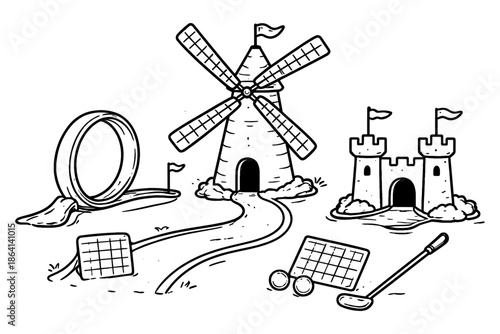 Whimsical mini golf course with windmill and castle in sketch style