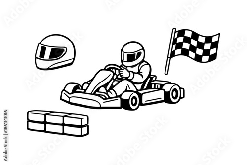 Cartoon racing scene with go-kart driver, helmet, checkered flag, bricks