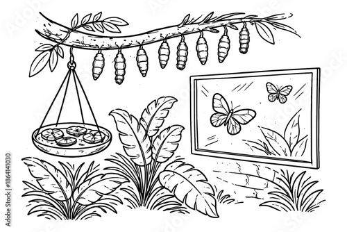 Nature's transformation: butterfly life cycle with eggs and caterpillars