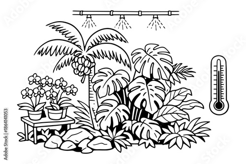 Tropical plant care with temperature control in line art