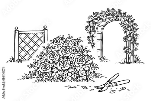 Rose garden coloring page with trellis, arch, and pruning shears