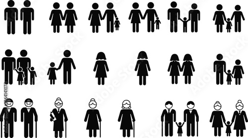 Family pictogram icon set showing relationships, parents children generations diversity isolated on white background infographic symbol illustration design