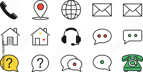 Communication and Contact Icon Set with Phone, Email, Chat, Location, Support, and Home Symbols Flat Vector Illustration