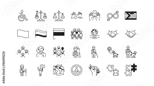 Vector icon set of inclusivity concepts diversity, equity, accessibility, global community, multiple gender and cultural identities, and DEI (diversity, equity, inclusion). Editable thin-line icons.