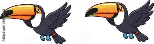 Cartoon toucans flying with colorful beaks, tropical exotic birds illustration, whimsical wildlife artwork, playful jungle character design, imaginative children’s educational drawing