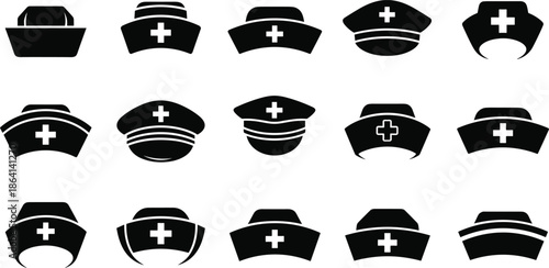 Medical nurse cap icon collection vector illustration, healthcare uniform hat symbols set, hospital staff headwear designs, black silhouette flat style, isolated professional graphic elements
