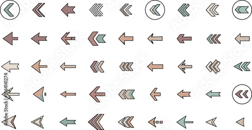 Minimal left arrow icon set vector illustration, navigation direction symbols collection, backward previous pointers, flat outline design, user interface web app infographic elements