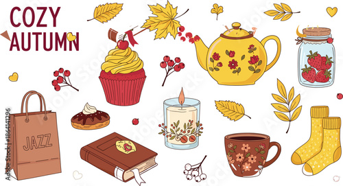 Cozy Autumn Illustration Set with Tea Pot, Cupcake, Book, Candle, 
Fall Leaves, Warm Drinks, and Seasonal Lifestyle Elements Flat Vector Design
