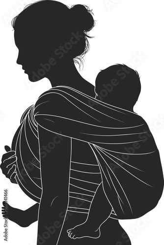 Mother carrying baby in sling silhouette, traditional babywearing motherhood care concept, maternal bonding illustration isolated on white background